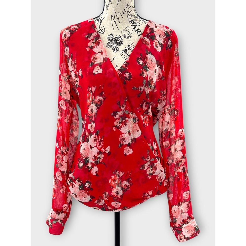Kut From The Kloth Jenalee Red Floral Faux Wrap Roll-Tab Sleeve XL Chiffon Boho‎